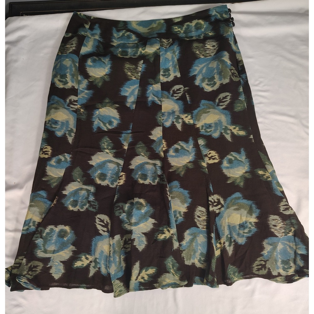 Ann Taylor LOFT Floral Ikat Midi Skirt Brown Blue Green Side Button‎ Size 4